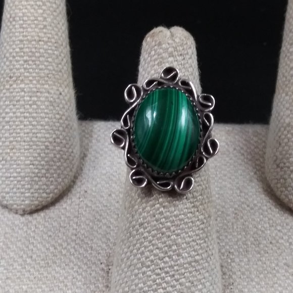 60s Malachite Sterling Silver Signed Native Ring - Picture 1 of 8